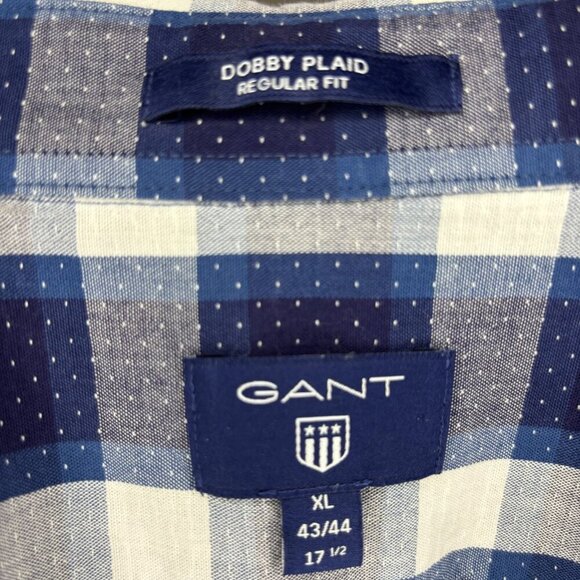 GANT Button Up Collared Shirt Men XL Dobby Plaid Regular Fit 43/44 17 Blue White - Picture 7 of 7